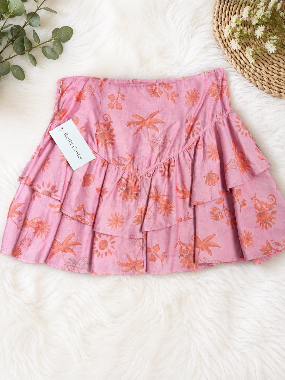 Rolla Coster Pink Tropical Ruffle Mini Skirt Palm & Floral Print